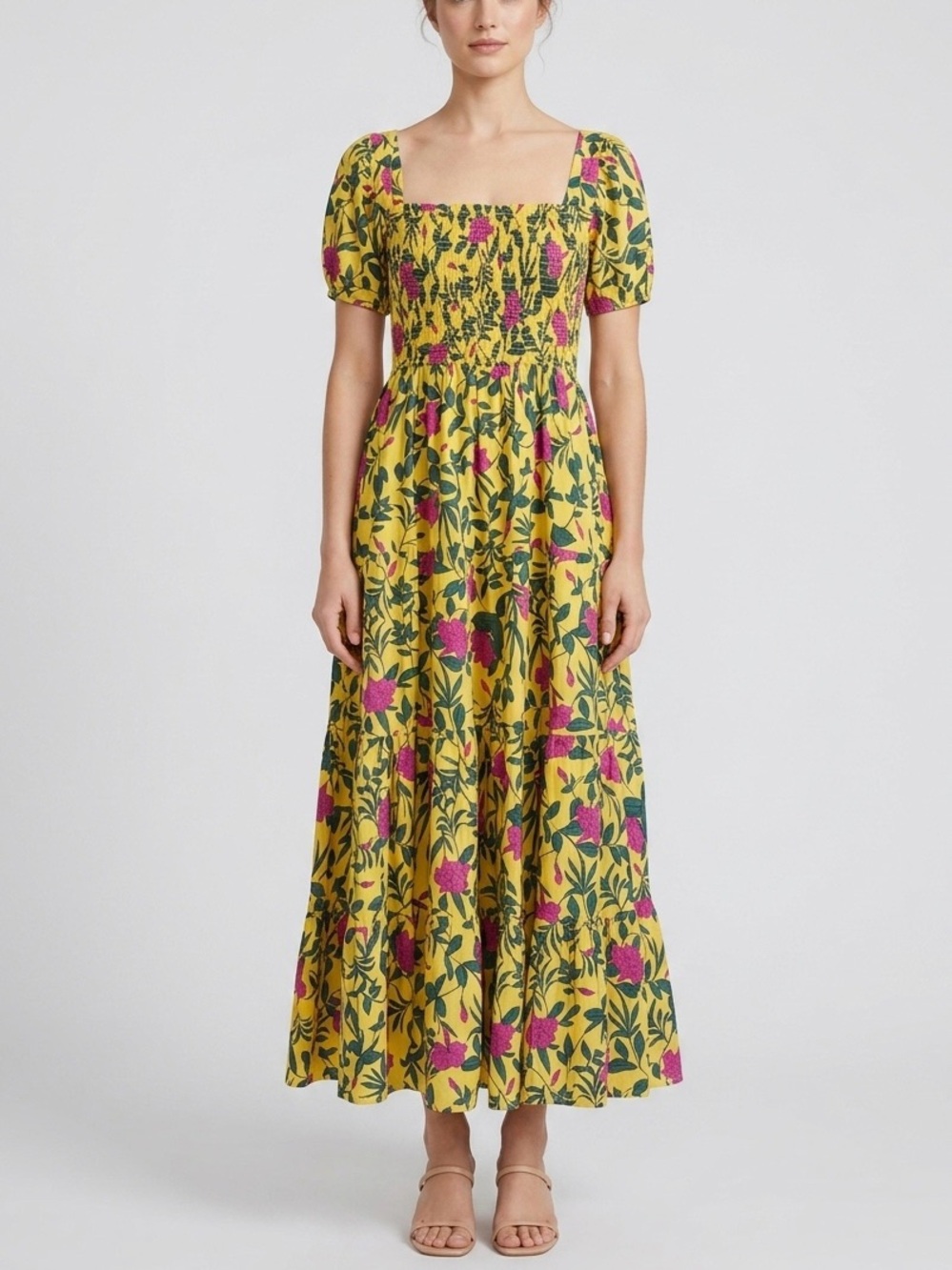 BEYOND By Vera Rosie Yellow Pink Floral Puff Sleeve Smocked Tiered Maxi Dress XL